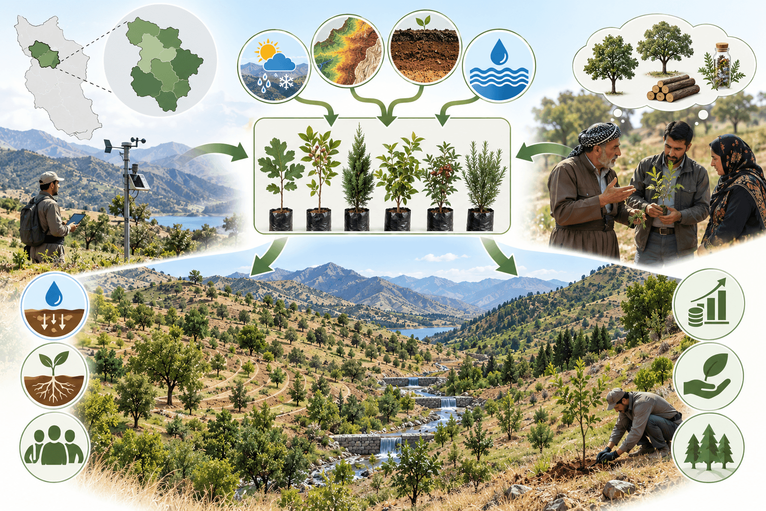 انتخاب گونه (واریته) نهالهای مقاوم و اقتصادی متناسب با شرایط جغرافیایی، اقلیمی و عرف مردم برای کاشت در طرحهای آبخیزداری اقتصادی استان کردستان (با تاکید بر روستاهای شهرستانهای مریوان، سقز، سروآباد، دیوان دره و سنندج)