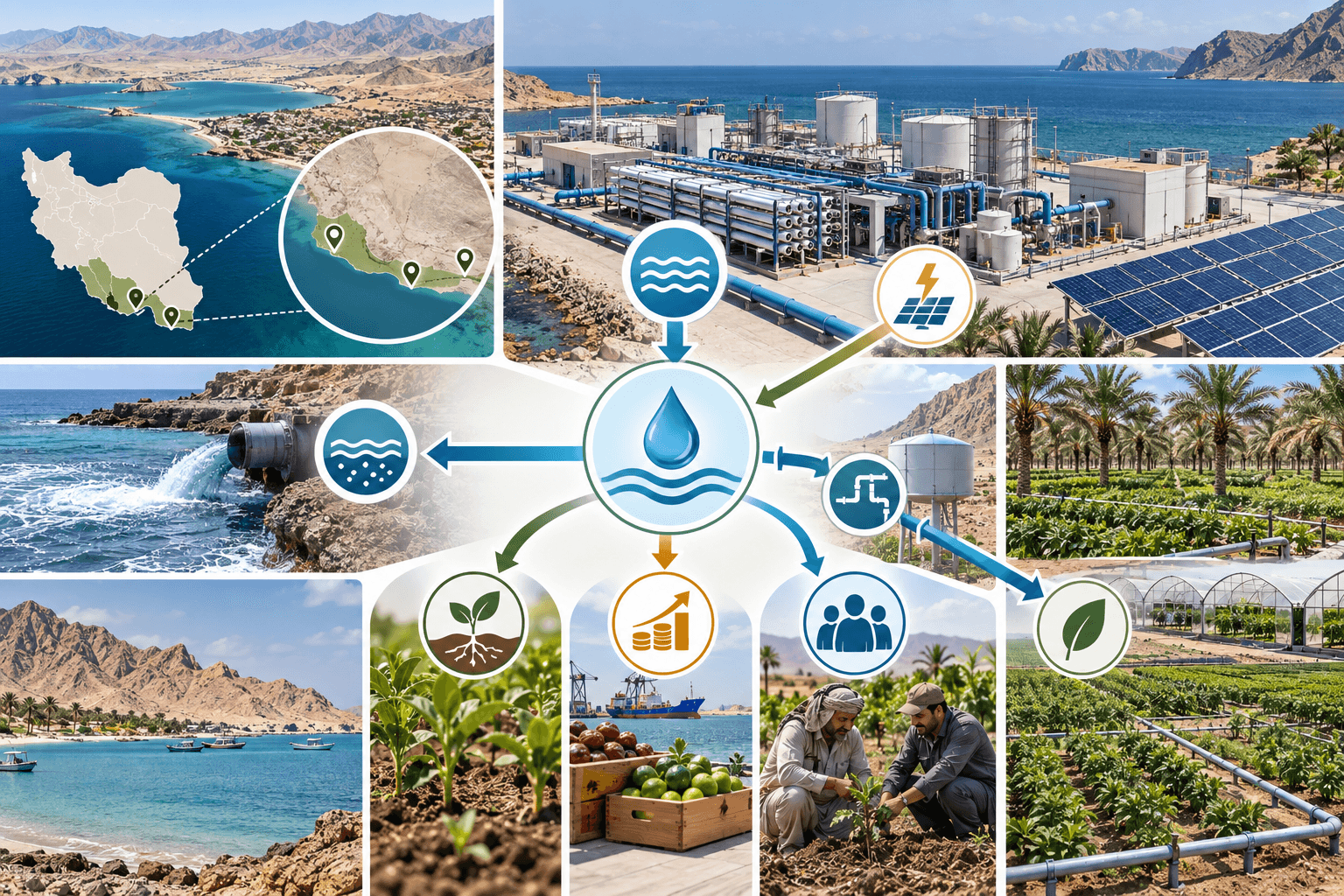 Technical and Economic Model for Water Supply and Desalination for the Development of Orchards, Cropland, and Coastal Agriculture in Southern Iran, with an Emphasis on Minab, Sirik, and Jask Counties
